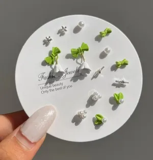 Korean Fashion Bow Leaf Design Stud Earring Set ( 7 Pairs )